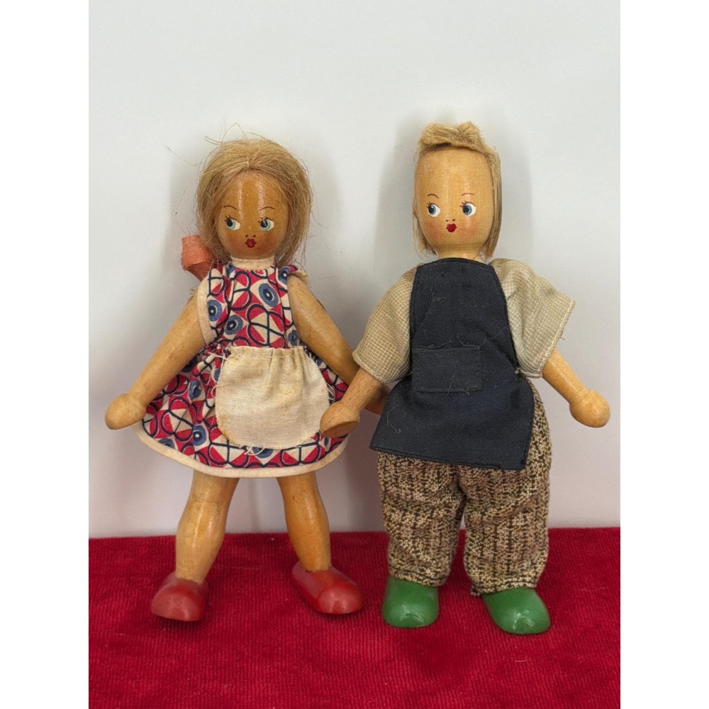 Vintage Wooden Peg Doll Set Boy and Girl Hand Painted Folk Art Jointed Figures